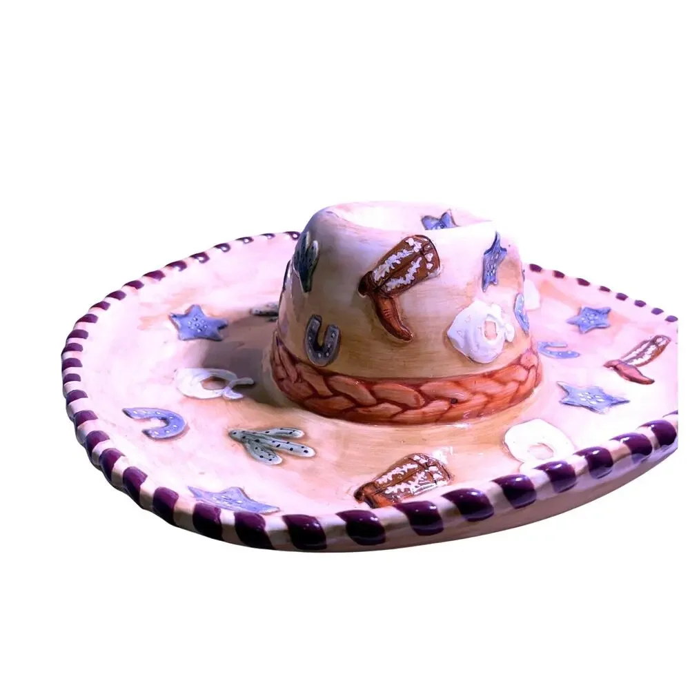 Vintage Cowboy Hat Ceramic Glazed Chip and Dip Bowl Platter Western Embellished